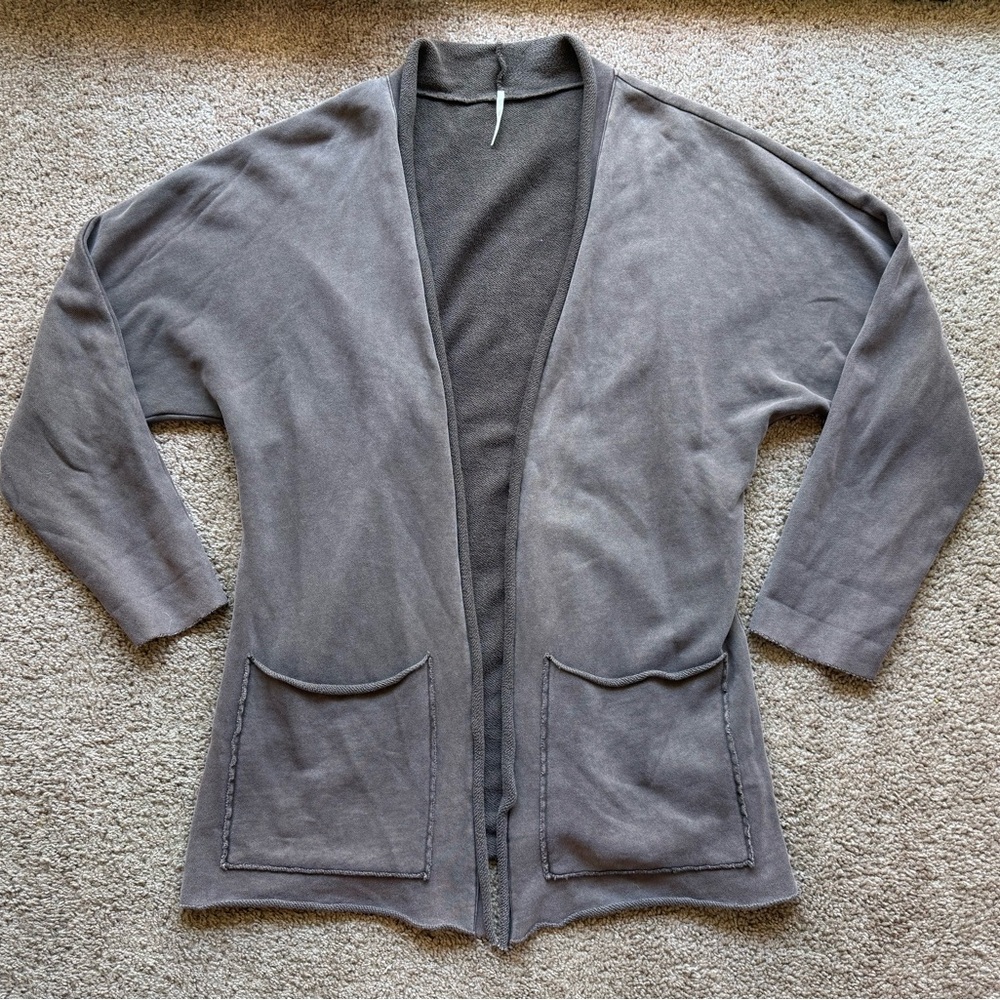 hello nite raw hem cardigan medium light brown sweater loungewear yoga cotton